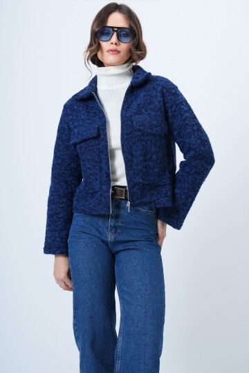 Çift Cepli Fermuar Kapamalı Buklet Ceket