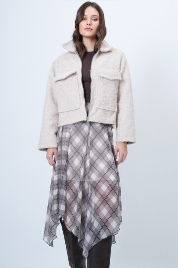 Çift Cepli Fermuar Kapamalı Buklet Ceket