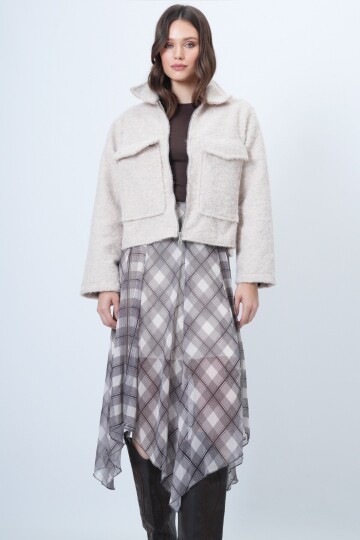 Çift Cepli Fermuar Kapamalı Buklet Ceket