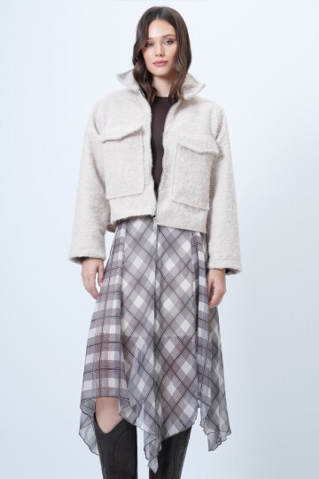 Çift Cepli Fermuar Kapamalı Buklet Ceket