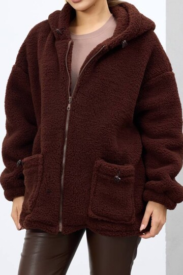 Çift Cepli Fermuar Kapamalı Kapüşonlu Peluş Ceket