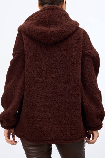 Çift Cepli Fermuar Kapamalı Kapüşonlu Peluş Ceket