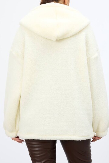 Çift Cepli Fermuar Kapamalı Kapüşonlu Peluş Ceket