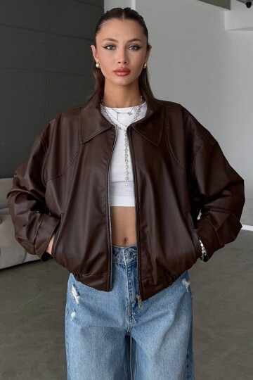 Çift Cepli Fermuarlı Bomber Suni Deri Ceket