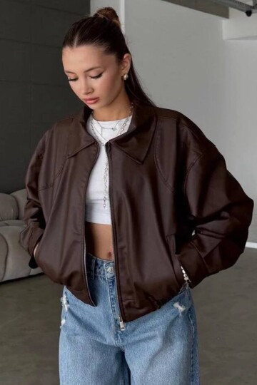 Çift Cepli Fermuarlı Bomber Suni Deri Ceket