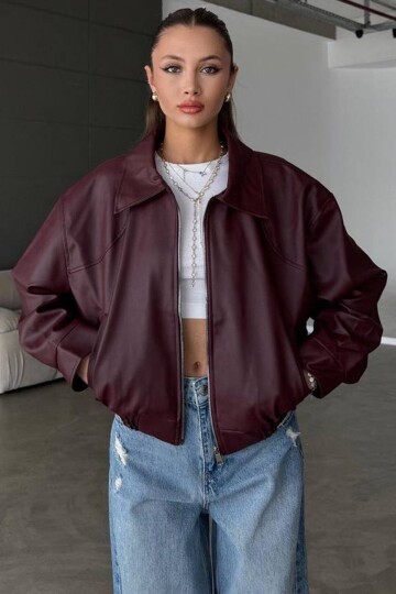 Çift Cepli Fermuarlı Bomber Suni Deri Ceket