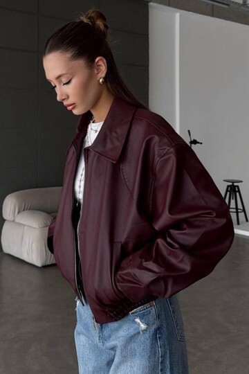 Çift Cepli Fermuarlı Bomber Suni Deri Ceket