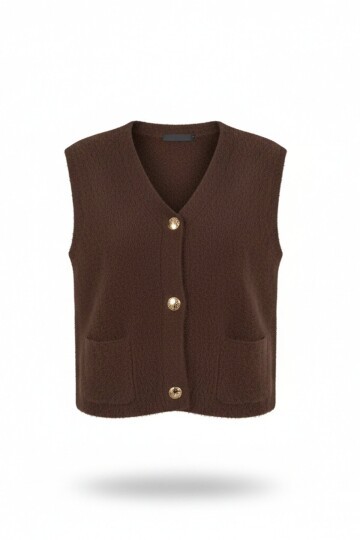 Çift Cepli Gold Düğmeli Yumoş Yelek