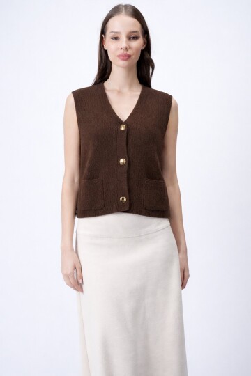 Çift Cepli Gold Düğmeli Yumoş Yelek