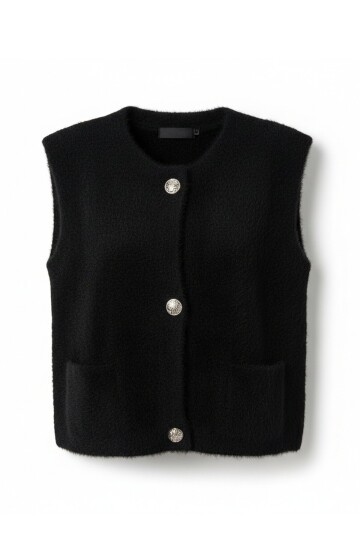 Çift Cepli Gold Düğmeli Yumoş Yelek