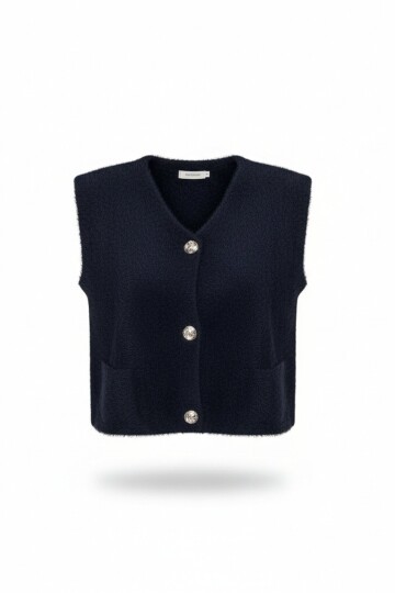 Çift Cepli Gold Düğmeli Yumoş Yelek