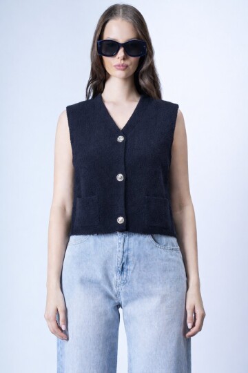 Çift Cepli Gold Düğmeli Yumoş Yelek