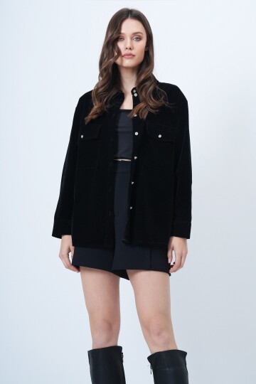 Çift Cepli Oversize Kadife Gömlek