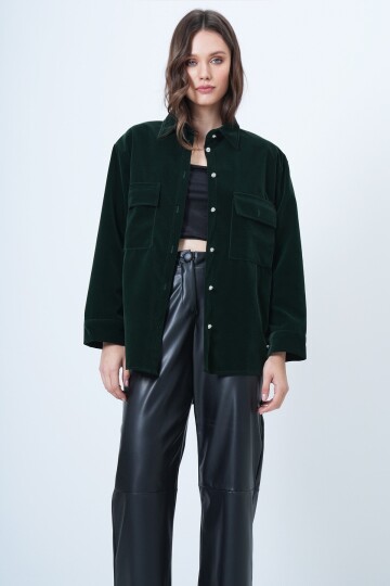 Çift Cepli Oversize Kadife Gömlek