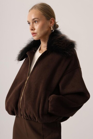 Çıkarılabilir Kürklü Yaka Fermuar Kapamalı Bomber Kaşe Ceket