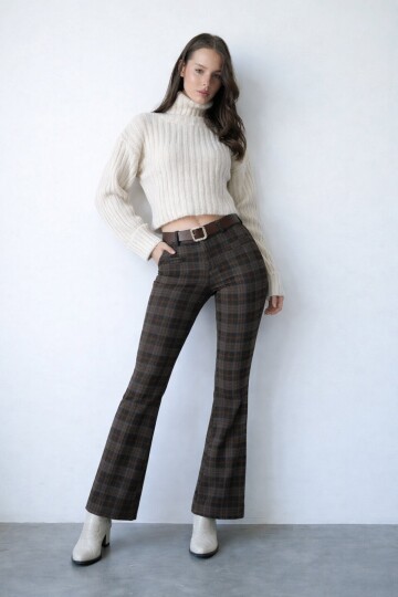 Kemerli Ekoseli İspanyol Paça Pantolon