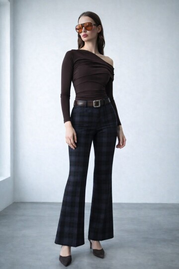 Kemerli Ekoseli İspanyol Paça Pantolon