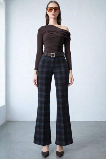 Kemerli Ekoseli İspanyol Paça Pantolon