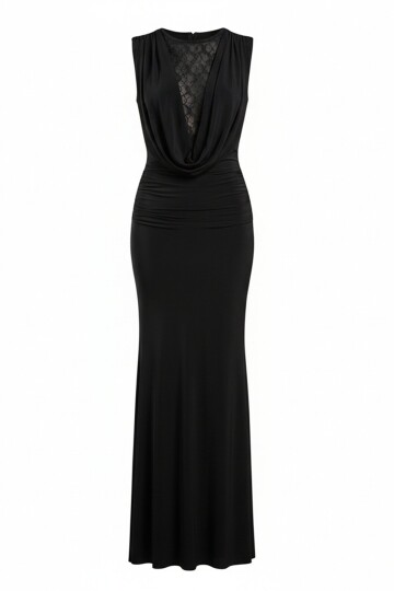 Degaje Yaka Tül Sırtı Tül Dekolteli Elbise