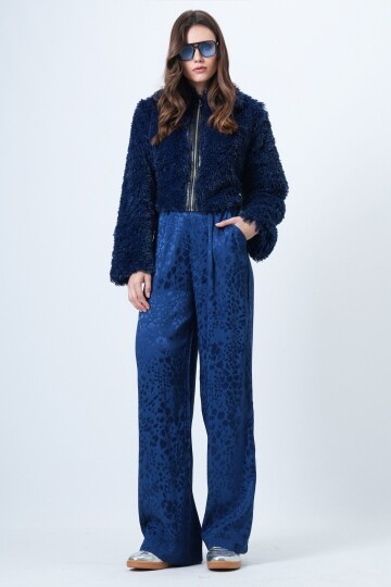 Desenli Fermuar Kapamalı Çift Cepli Palazzo Pantolon