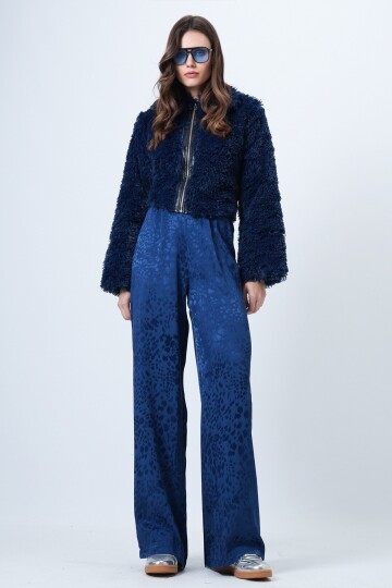 Desenli Fermuar Kapamalı Çift Cepli Palazzo Pantolon