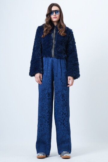 Desenli Fermuar Kapamalı Çift Cepli Palazzo Pantolon