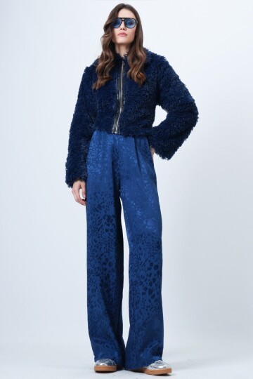 Desenli Fermuar Kapamalı Çift Cepli Palazzo Pantolon