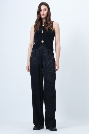 Desenli Fermuar Kapamalı Çift Cepli Palazzo Pantolon