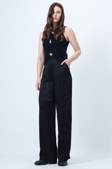 Desenli Fermuar Kapamalı Çift Cepli Palazzo Pantolon