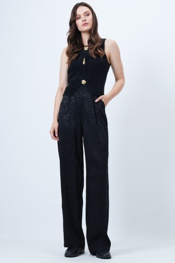 Desenli Fermuar Kapamalı Çift Cepli Palazzo Pantolon