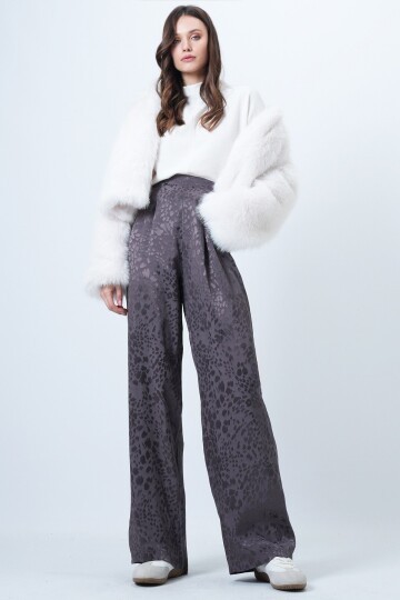 Desenli Fermuar Kapamalı Çift Cepli Palazzo Pantolon