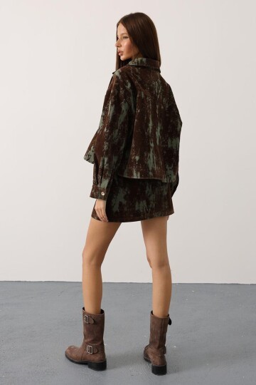 Desenli Süet Dokulu Ceket ve Etek Takım