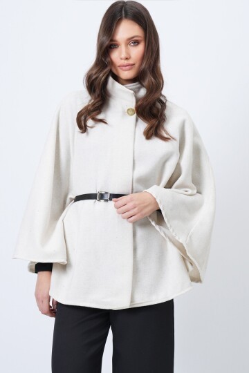 Dik Yaka Düğmeli Kemerli Panço