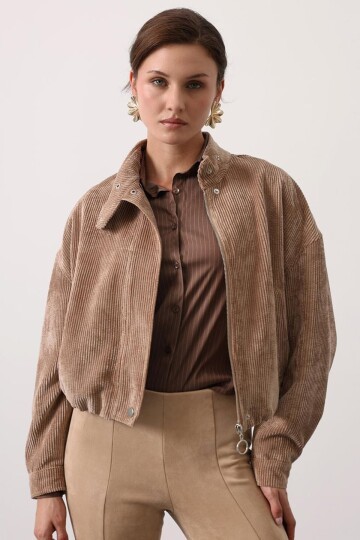 Dik Yaka Fitilli Bomber Kadife Astarlı Ceket