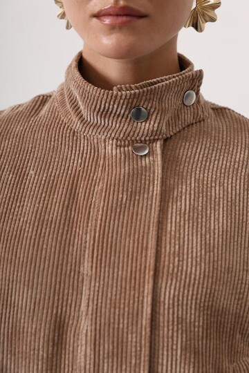 Dik Yaka Fitilli Bomber Kadife Astarlı Ceket