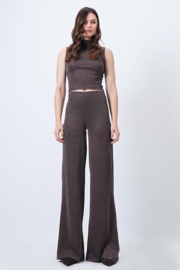 Dik Yaka Kolsuz Bluz ve Palazzo Pantolon Simli Takım