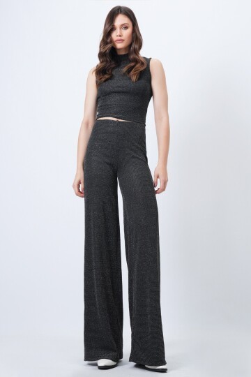 Dik Yaka Kolsuz Bluz ve Palazzo Pantolon Simli Takım