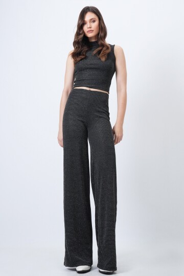 Dik Yaka Kolsuz Bluz ve Palazzo Pantolon Simli Takım