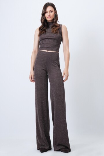 Dik Yaka Kolsuz Bluz ve Palazzo Pantolon Simli Takım