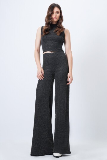 Dik Yaka Kolsuz Bluz ve Palazzo Pantolon Simli Takım