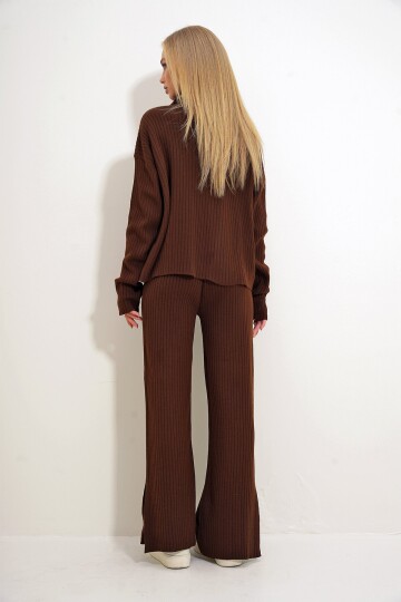 Dik Yaka Önü Fermuarlı Bluz Ve Palazzo Pantolon Triko İkili Takım