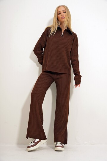 Dik Yaka Önü Fermuarlı Bluz Ve Palazzo Pantolon Triko İkili Takım