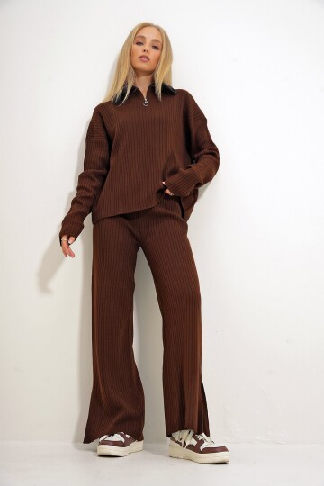 Dik Yaka Önü Fermuarlı Bluz Ve Palazzo Pantolon Triko İkili Takım