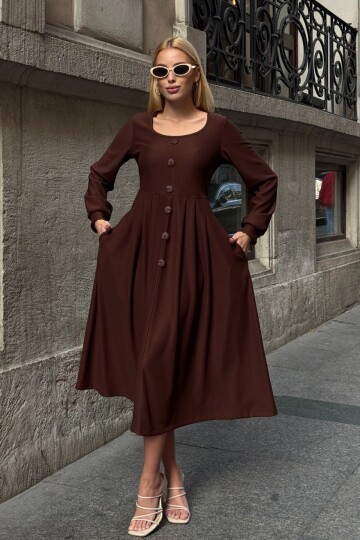 Düğme Detaylı Yuvarlak Yaka Pileli Ottoman Elbise