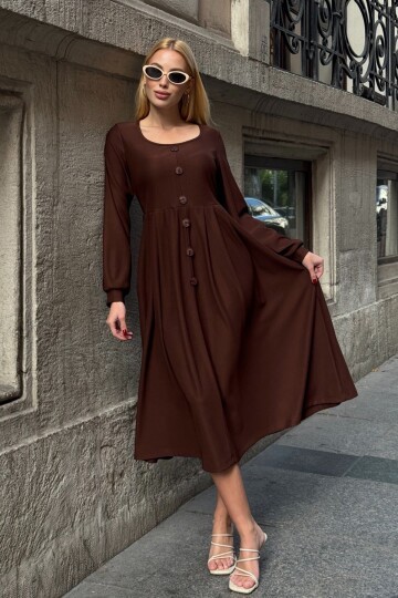 Düğme Detaylı Yuvarlak Yaka Pileli Ottoman Elbise