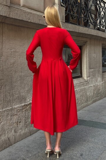 Düğme Detaylı Yuvarlak Yaka Pileli Ottoman Elbise