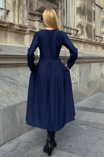 Düğme Detaylı Yuvarlak Yaka Pileli Ottoman Elbise