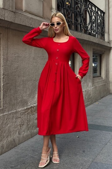 Düğme Detaylı Yuvarlak Yaka Pileli Ottoman Elbise