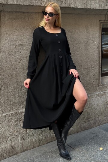 Düğme Detaylı Yuvarlak Yaka Pileli Ottoman Elbise