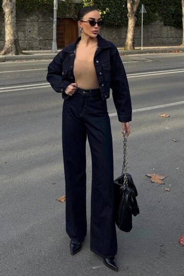 Düğmeli Crop Ceket ve Palazzo Jean Takım